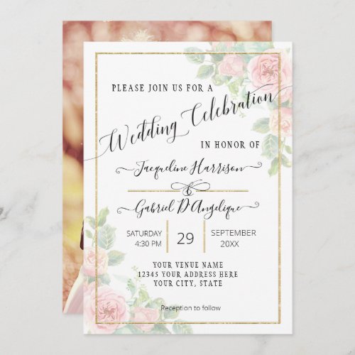 Elegant Script Gold Watercolor Pink Floral Wedding Invitation