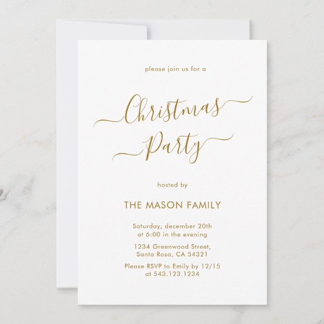 Elegant Script Gold White Holiday Christmas Party Invitation (Front)