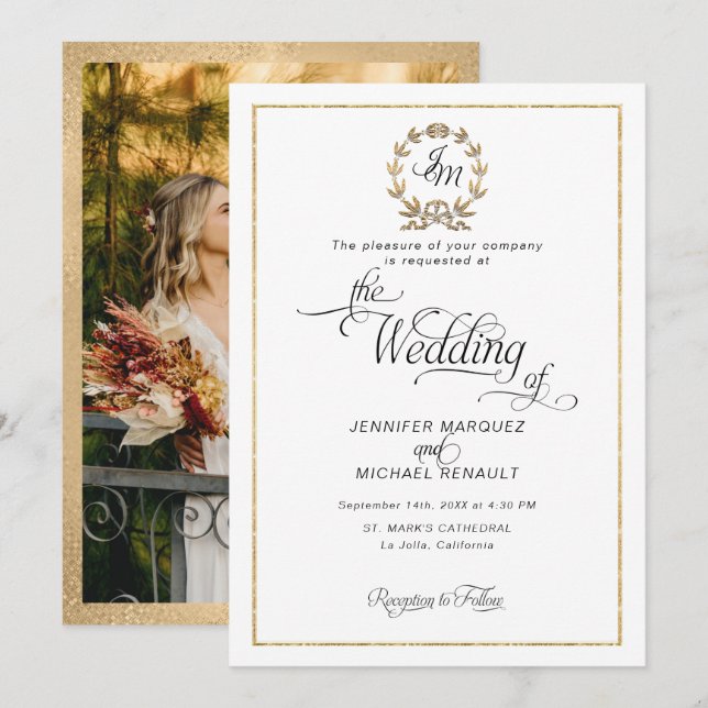 Elegant Script Gold Wreath Monogram Photo Wedding Invitation (Front/Back)