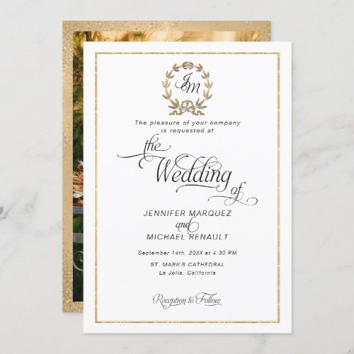 Elegant Script Gold Wreath Monogram Photo Wedding Invitation