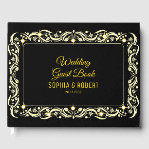 Elegant Script Golden Luxury Floral Black Wedding Guest Book