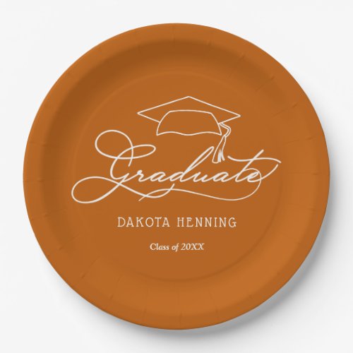 Elegant Script Grad Cap Burnt Orange Graduation Paper Plates