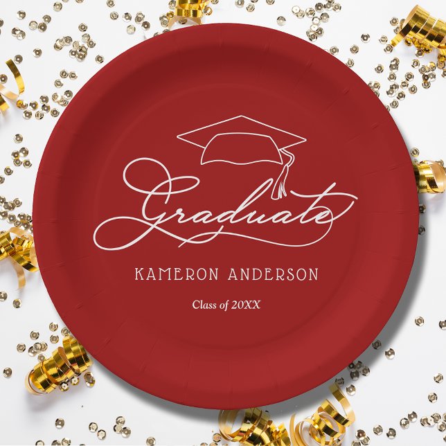 Elegant Script Grad Cap Cardinal Red Graduation Paper Plates (White script grad cap on cardinal red personalized graduation paper plates, napkins in our store)