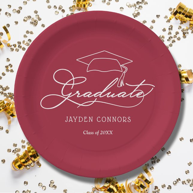 Elegant Script Grad Cap Crimson Red Graduation Paper Plates (White script grad cap on crimson red personalized graduation paper plates, napkins in our store)