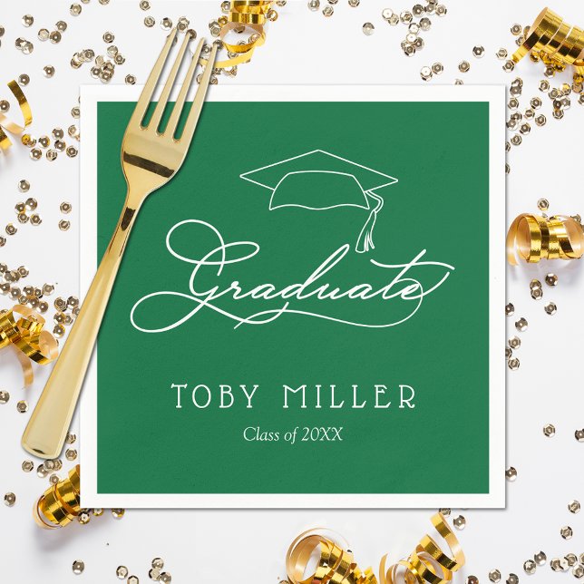Elegant Script Grad Cap | Green Graduation Napkins (White script grad cap on green personalized graduation party napkins, paper plates in our store)