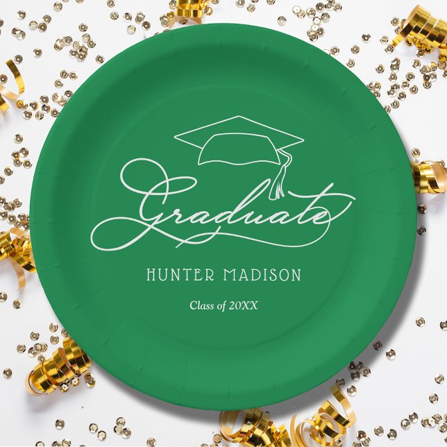 Elegant Script Grad Cap Green Graduation Paper Plates (White script grad cap on green personalized graduation party paper plates, napkins in our store)