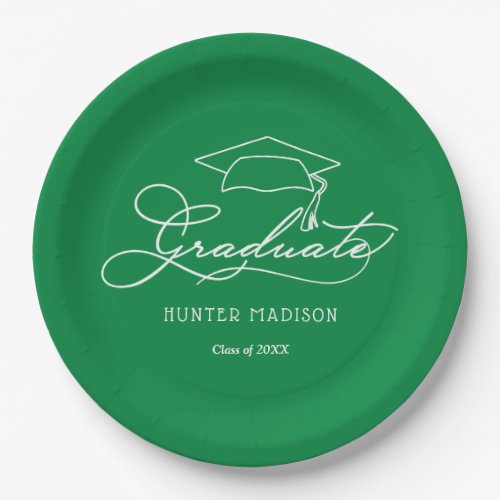 Elegant Script Grad Cap Green Graduation Plates