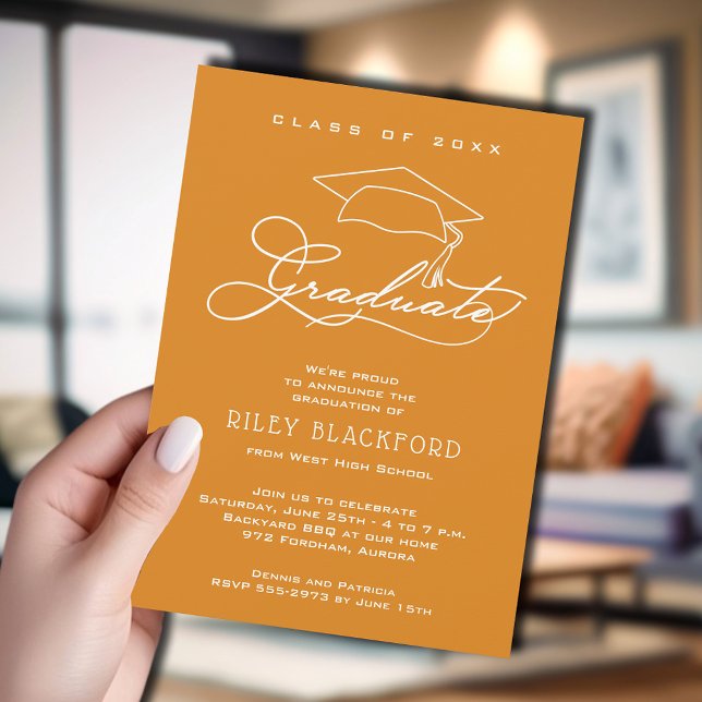 Elegant Script Grad Cap Light Orange Graduation Announcement (Light orange graduation announcement cards feature your details in chic white lettering.)