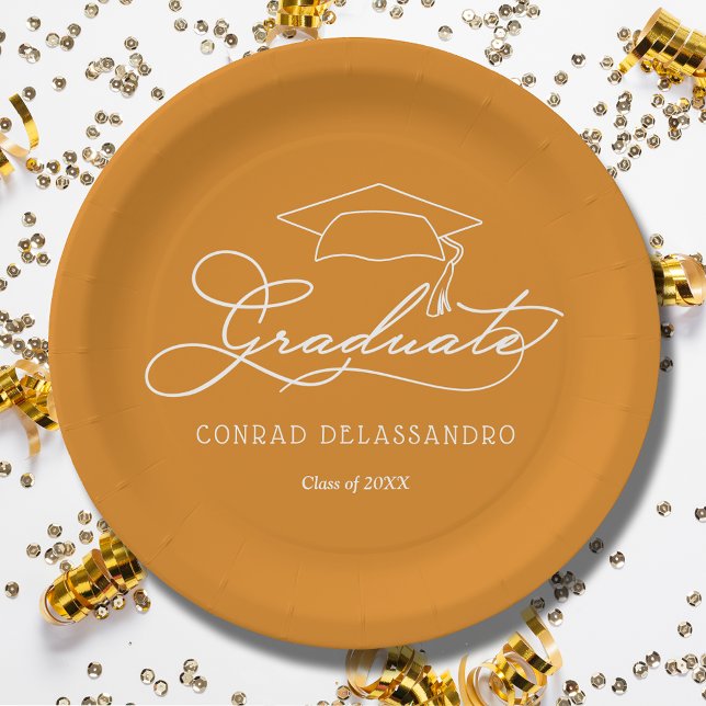 Elegant Script Grad Cap Light Orange Graduation Paper Plates (White script grad cap on light orange personalized graduation paper plates, napkins in our store)