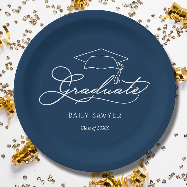 Elegant Script Grad Cap Navy Blue Graduation Paper Plates (White script grad cap on navy blue personalized graduation party paper plates, napkins in our store)