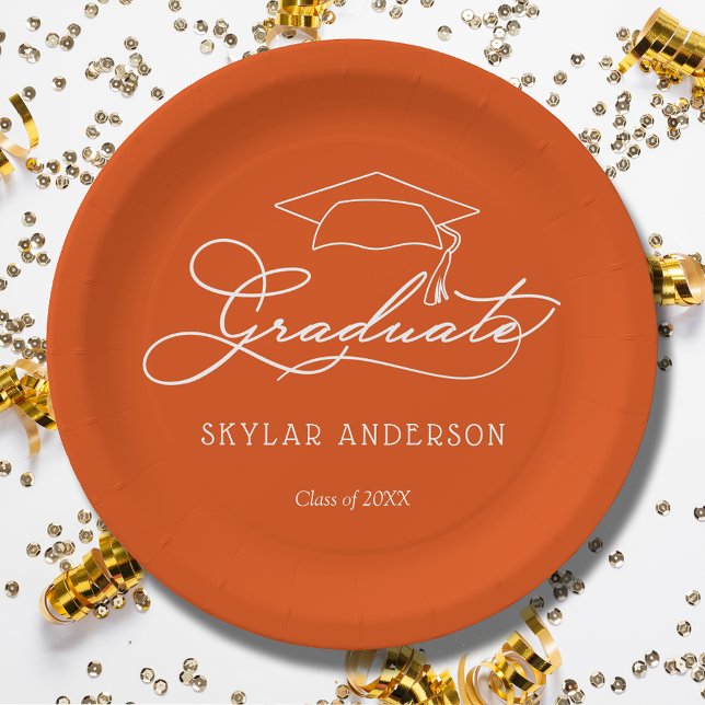 Elegant Script Grad Cap Orange Graduation Paper Plates (White script grad cap on orange personalized graduation party paper plates, napkins in our store)