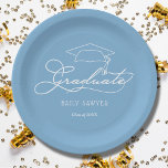 Elegant Script Grad Cap Powder Blue Graduation Paper Plates<br><div class="desc">A graduation cap, the word "graduate" in an elegant script PLUS the name and year of your graduate, all in white on these powder blue graduation paper plates - available in 2 sizes. MATCHING napkins, graduation party invitations and more in our store, the perfect addition to your table decor for...</div>