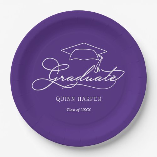 Elegant Script Grad Cap Purple Graduation Plates
