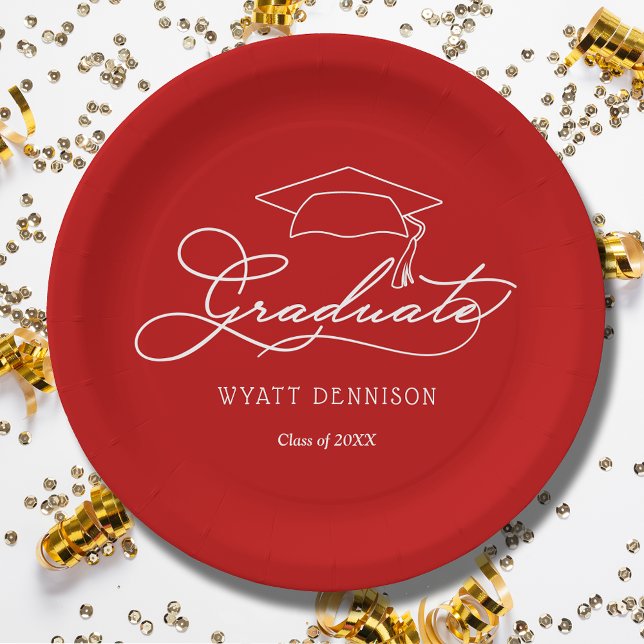 Elegant Script Grad Cap Scarlet Red Graduation Paper Plates (White script grad cap on scarlet red personalized graduation paper plates, napkins in our store)