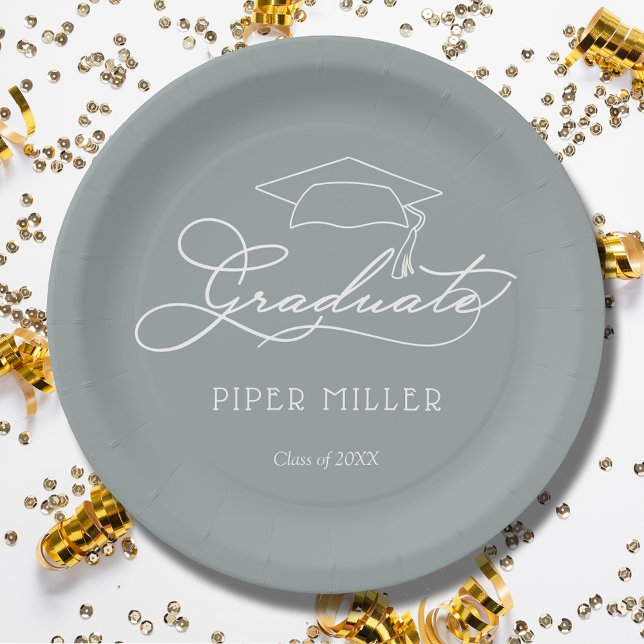 Elegant Script Grad Cap Silver Gray Graduation Paper Plates (White script grad cap on silver personalized graduation party paper plates, napkins in our store)