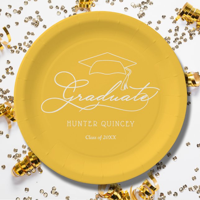 Elegant Script Grad Cap Yellow Gold Graduation Paper Plates (White script grad cap on yellow personalized graduation party paper plates, napkins in our store)