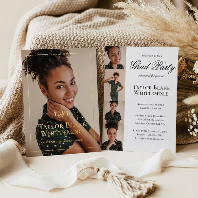 Elegant Script Grad Photo Collage Graduation Party Foil Invitation (Elegant Script Grad Photo Collage Graduation Party Foil Invitation)