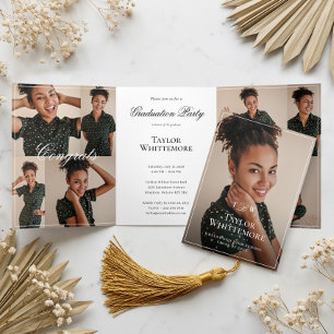 Elegant Script Grad Photo Collage Graduation Party Tri-Fold Invitation