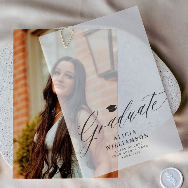 Elegant script graduate black and white graduation vellum invitations (Creator Uploaded)