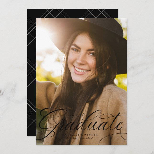 Elegant script graduate black vertical graduation announcement (Front/Back)