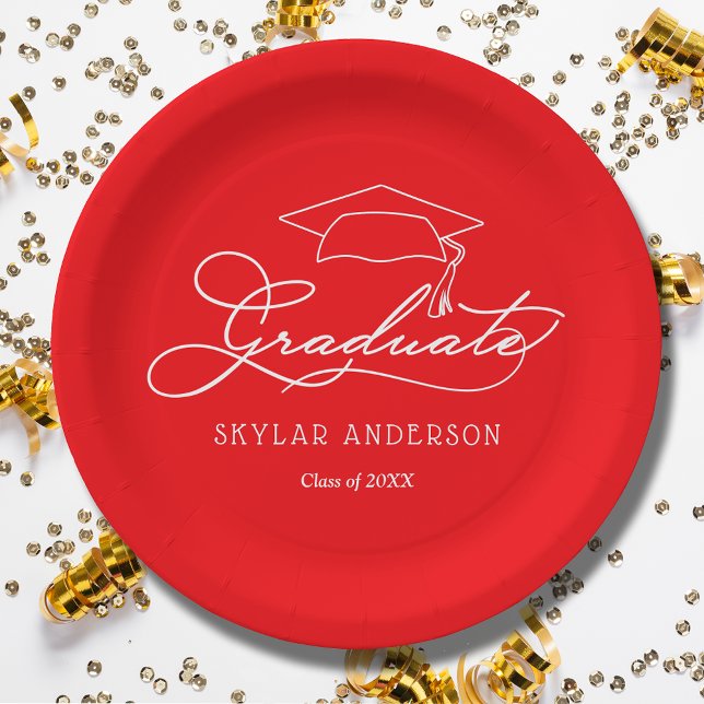 Elegant Script Graduate Hat Red Graduation Plates (White script grad cap on red personalized graduation party paper plates, napkins in our store)