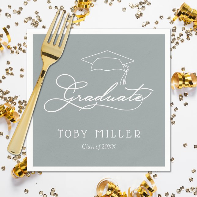 Elegant Script Graduate on Silver Gray Graduation Napkins (White script grad cap on silver gray personalized graduation napkins, paper plates in our store)