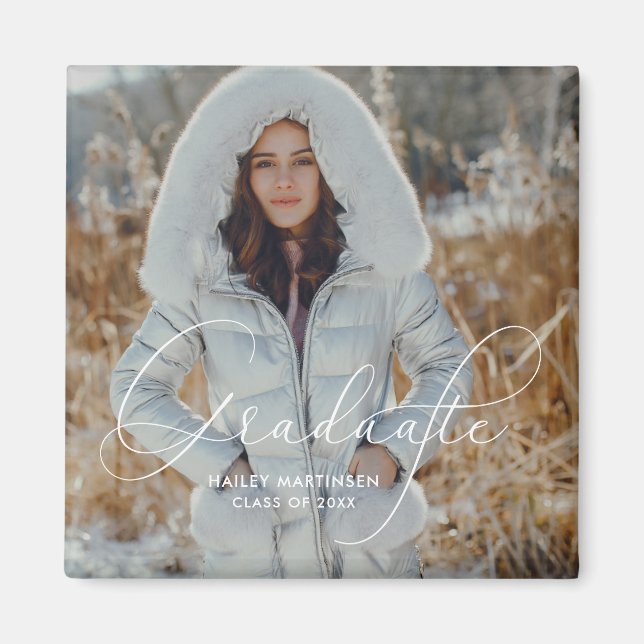 Elegant Script Graduate Photo and Name Magnet (Front)