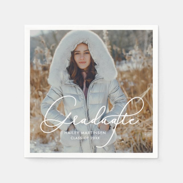 Elegant Script Graduate Photo and Name Napkins (Front)