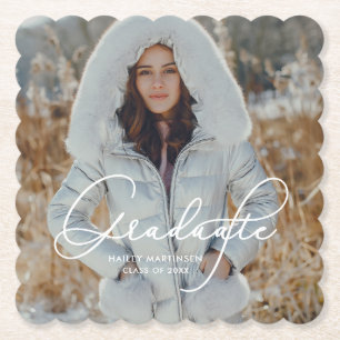 Elegant Script Graduate Photo and Name Paper Coaster