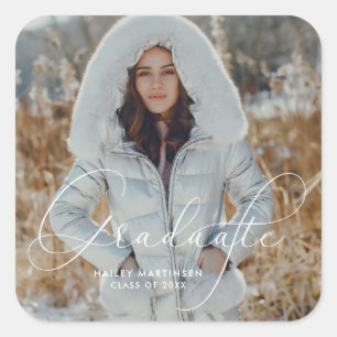 Elegant Script Graduate Photo and Name Square Sticker