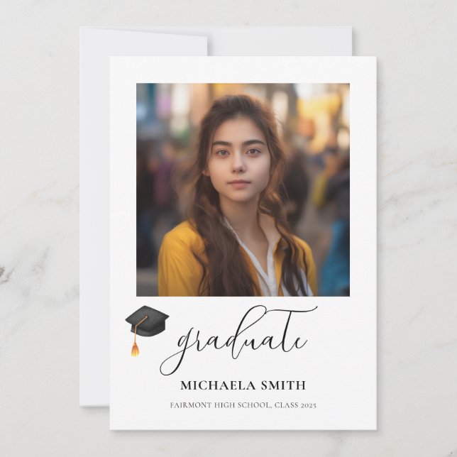Elegant Script Graduate Photo Black Graduation Cap Announcement (Front)