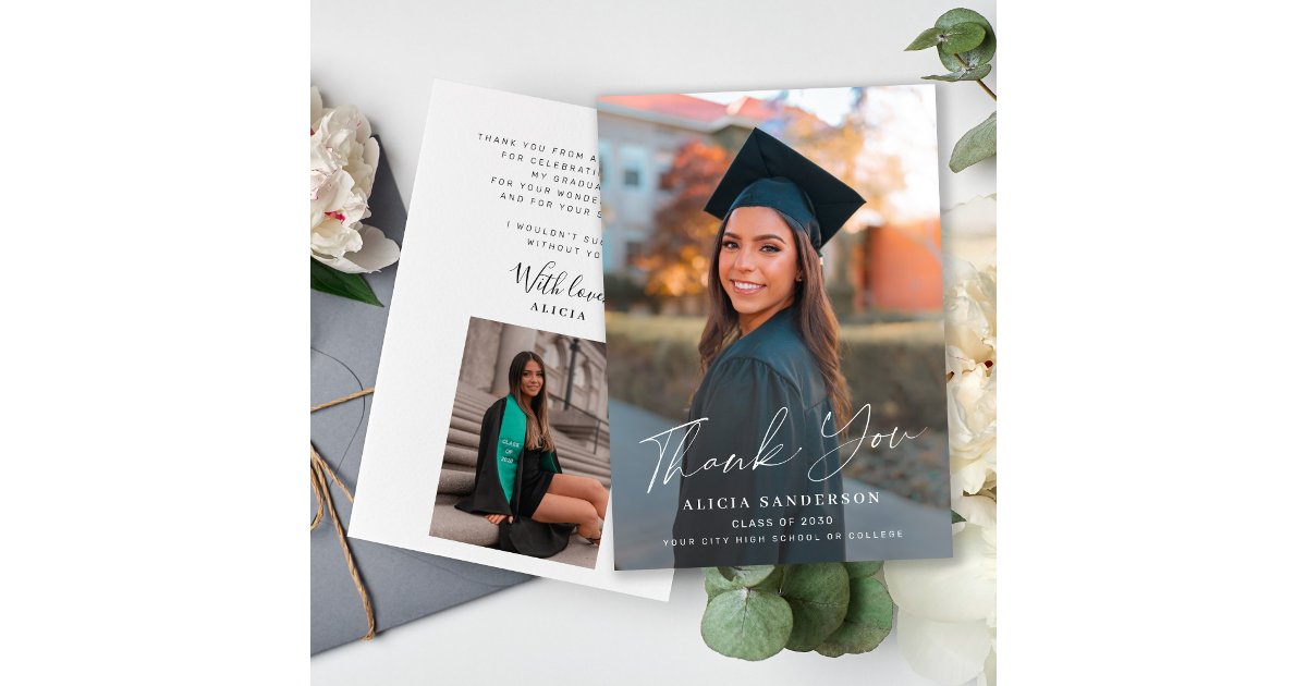 Elegant script graduate photo graduation thank you card | Zazzle