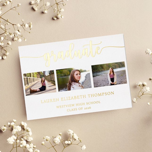 Elegant Script Graduation 3 Photo Gold Foil Invitation (Creator Uploaded)