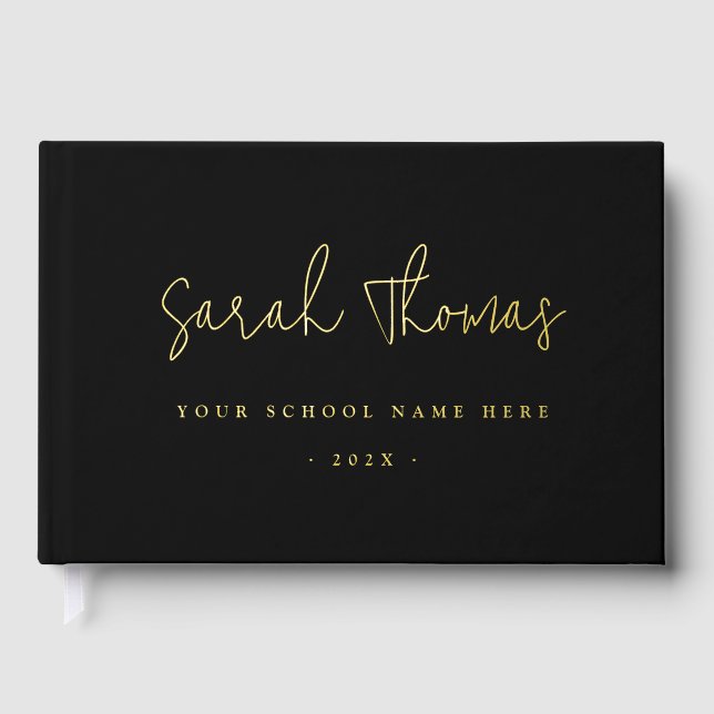 Elegant script graduation name school black foil guest book  (Front)