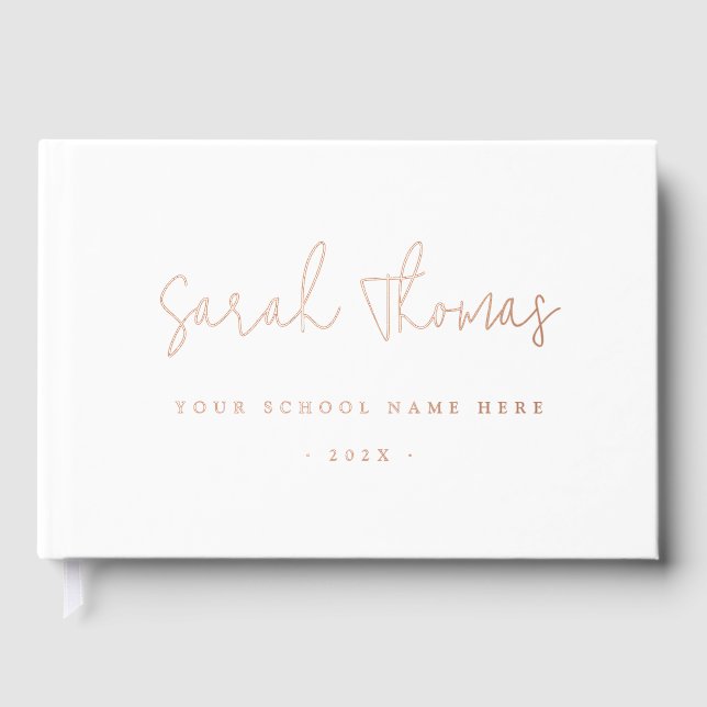 Elegant script graduation name school white foil guest book  (Front)