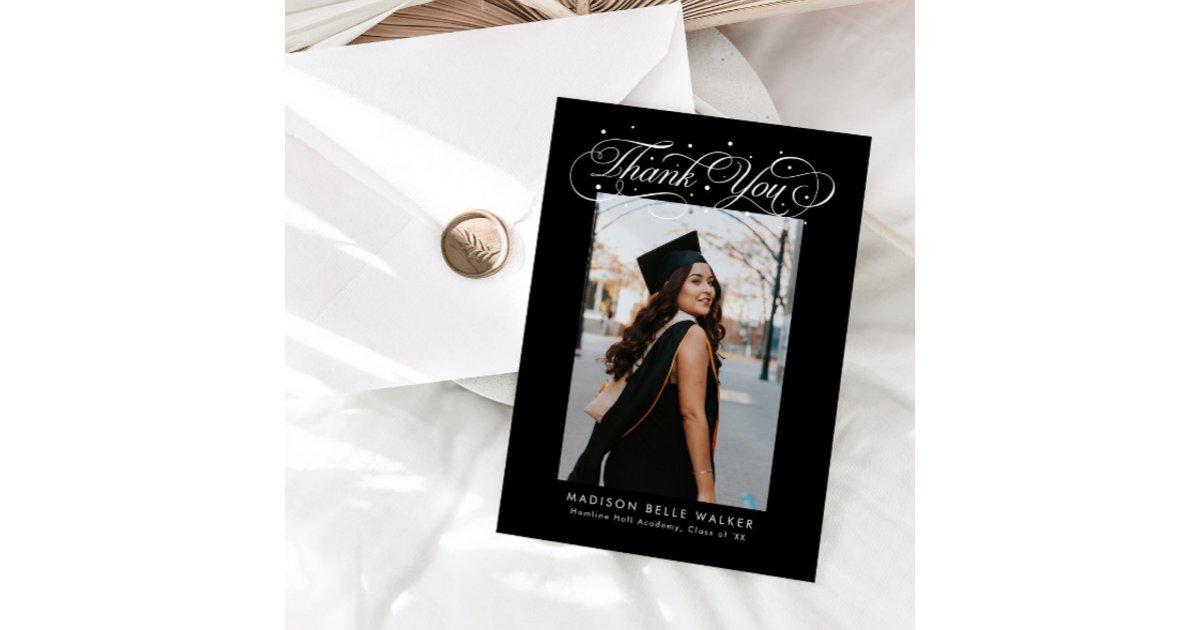 Elegant Script Graduation Photo Black Thank You Card | Zazzle