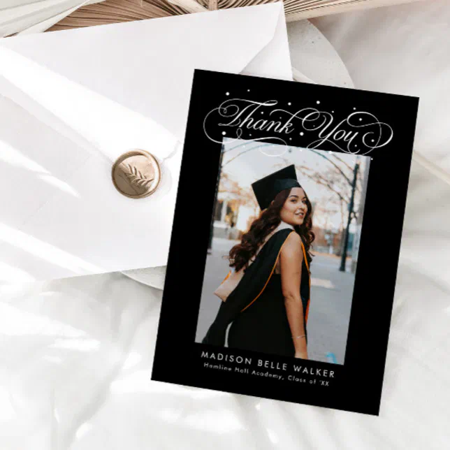 Elegant Script Graduation Photo Black Thank You Card | Zazzle