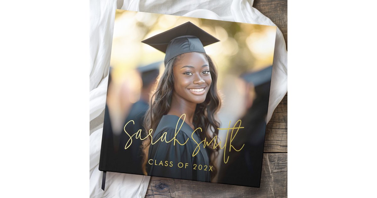 Elegant script graduation photo graduate name foil guest book | Zazzle