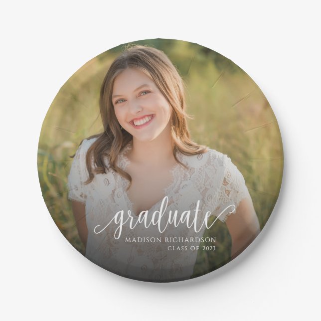Elegant Script Graduation Photo Paper Plates (Front)
