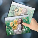 Elegant Script Graduation Photo SAVE THE DATE Postcard<br><div class="desc">The word "graduate" in an elegant white script along with graduate's name and class year SAVE THE DATE postcards for your Graduation Party or Graduation Ceremony feature a photo on each side. More designs in our store.</div>