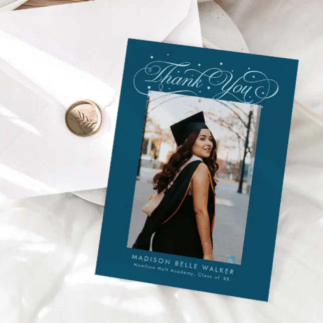 Elegant Script Graduation Photo Teal Thank You Card | Zazzle
