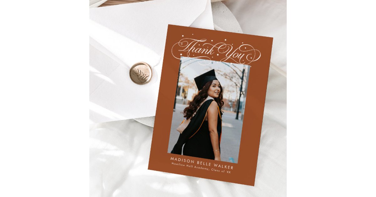 Elegant Script Graduation Photo Terracotta Thank You Card | Zazzle