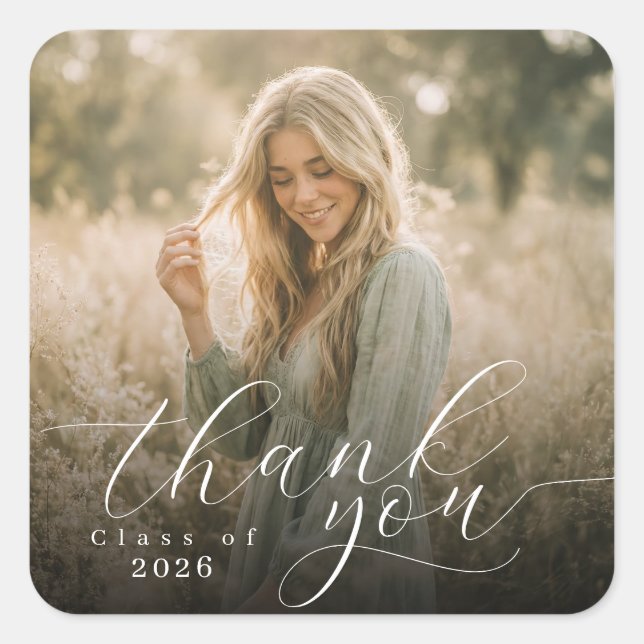 Elegant Script Graduation Photo Thank You Square Sticker (Front)
