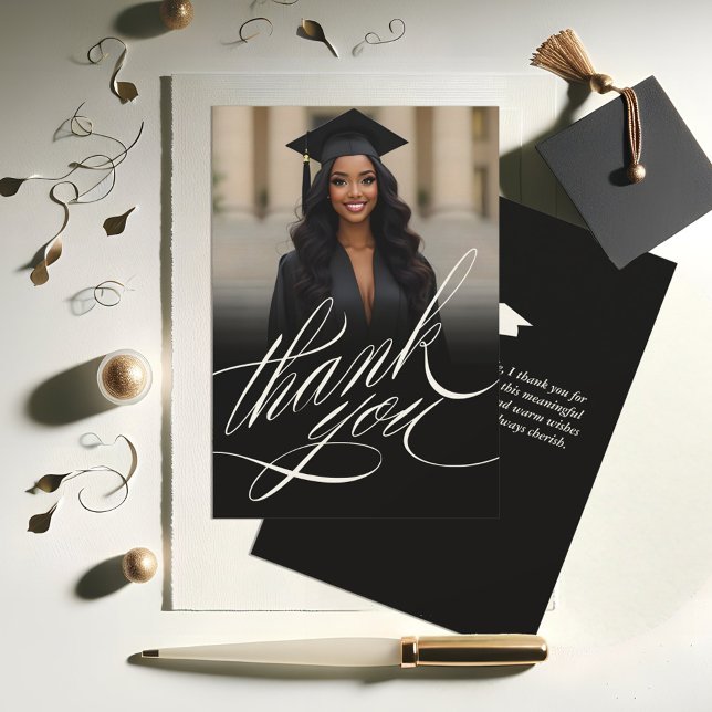 Elegant Script Graduation Thank You Photo Card (Black and White Elegant Graduation Photo Thank You Card)