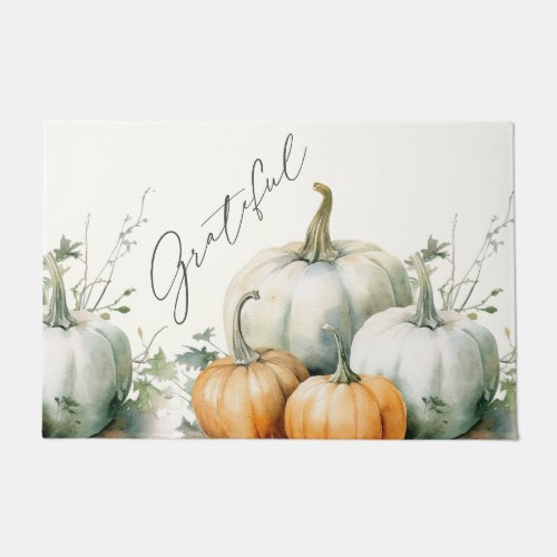 Elegant Script Grateful Autumn Rustic Pumpkin  Doormat