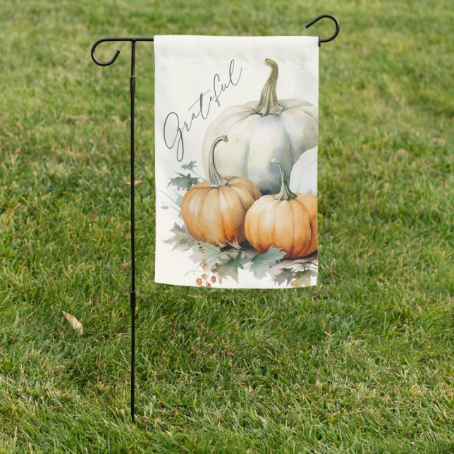 Elegant Script Grateful Rustic Pumpkin Garden Flag (In SItu)