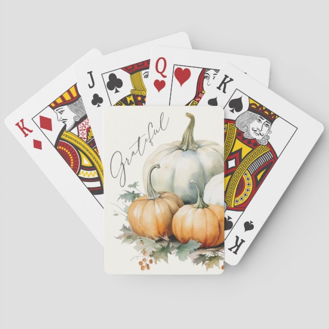 Elegant Script Grateful Rustic Pumpkin Poker Cards (Back)