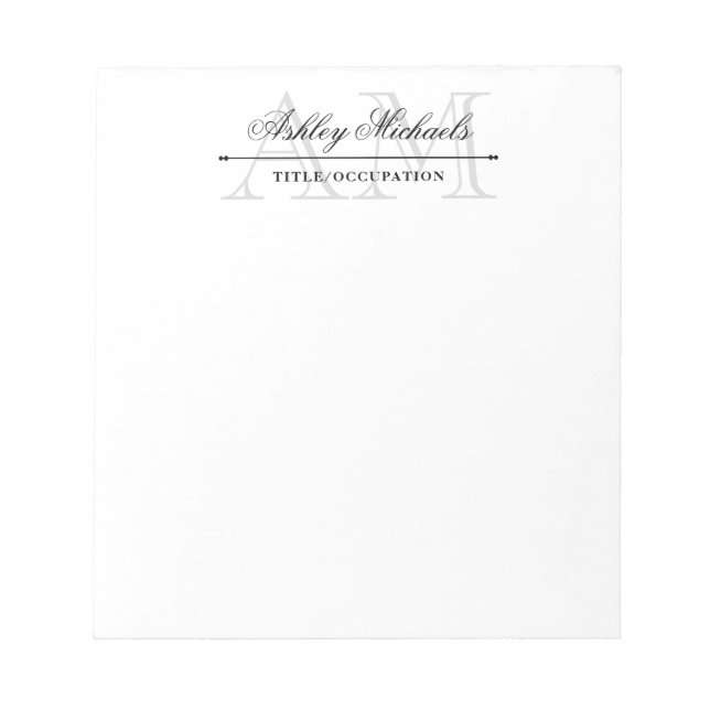 Elegant Script Gray 2 Initial Monogram Name Title Notepad (Front)