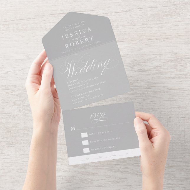 Elegant Script Gray and White Calligraphy Wedding All In One Invitation (Tearaway)