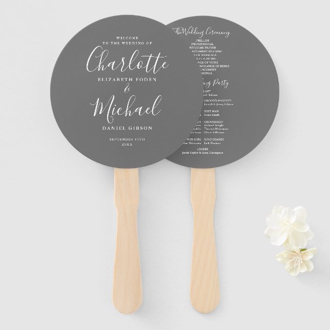 Elegant Script Gray And White Wedding Program Hand Fan (Front and Back)